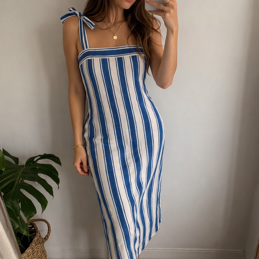 Olivia James The Label Striped Linen Dress Tie Shoulder‎ XS Blue White Coastal